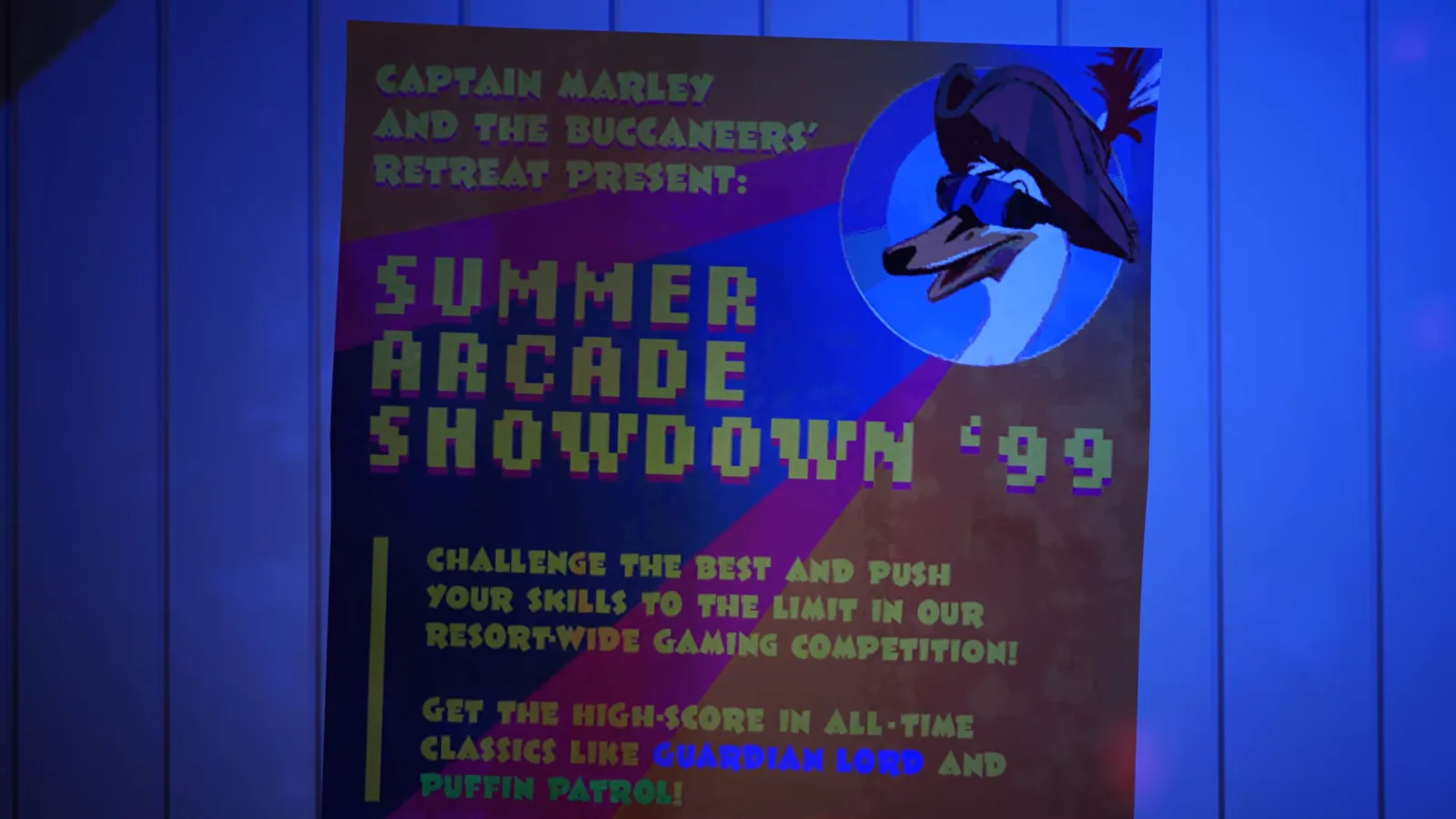 Affiche du concours Summer Arcade Showdown 99 dans la salle d'arcade du refuge des flibustiers dans Forever Ago