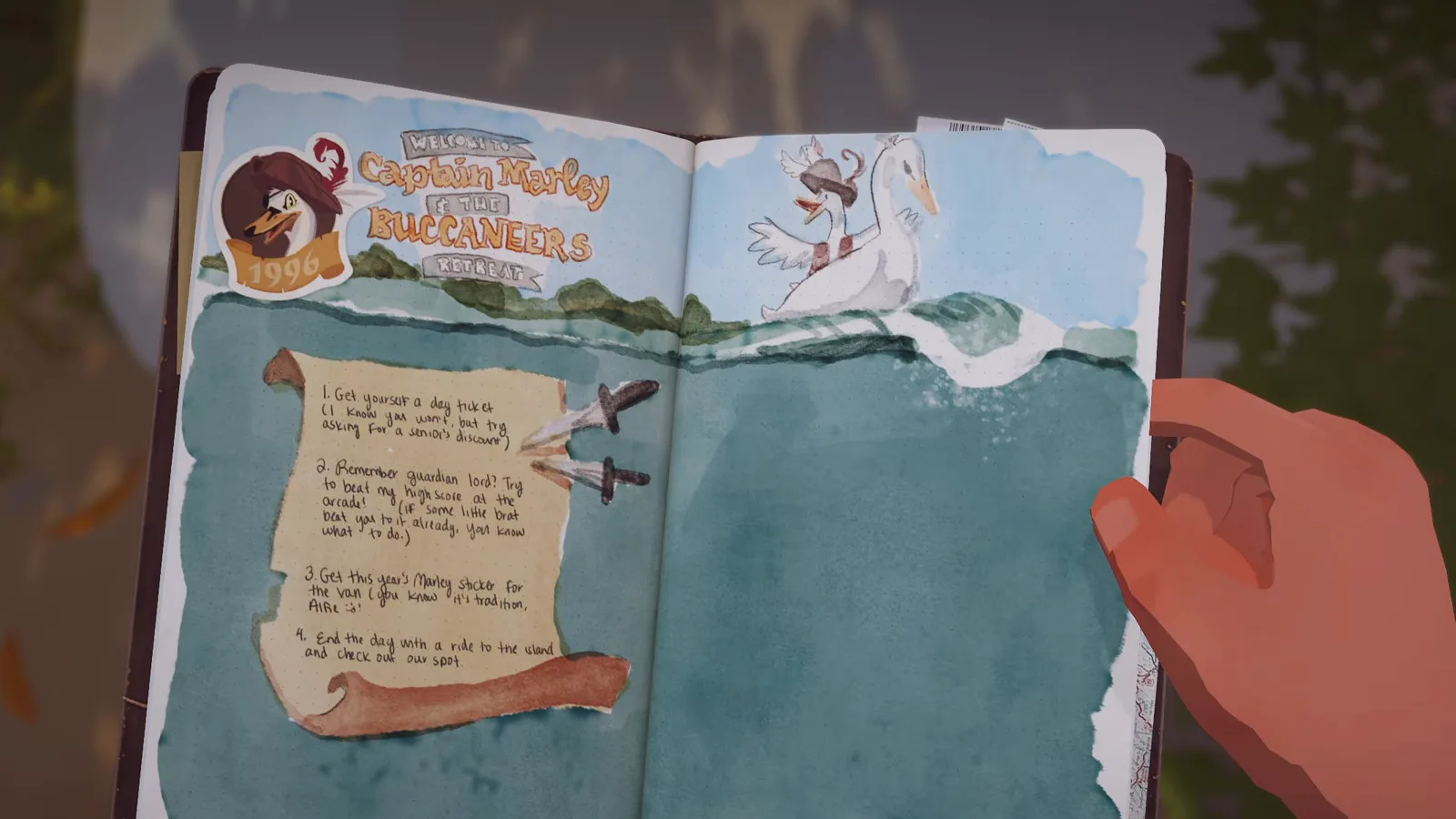 Double page du journal montrant l'autocollant Captain Marley 1996 et la liste manuscrite de quatre missions d'Audrey dans Forever Ago