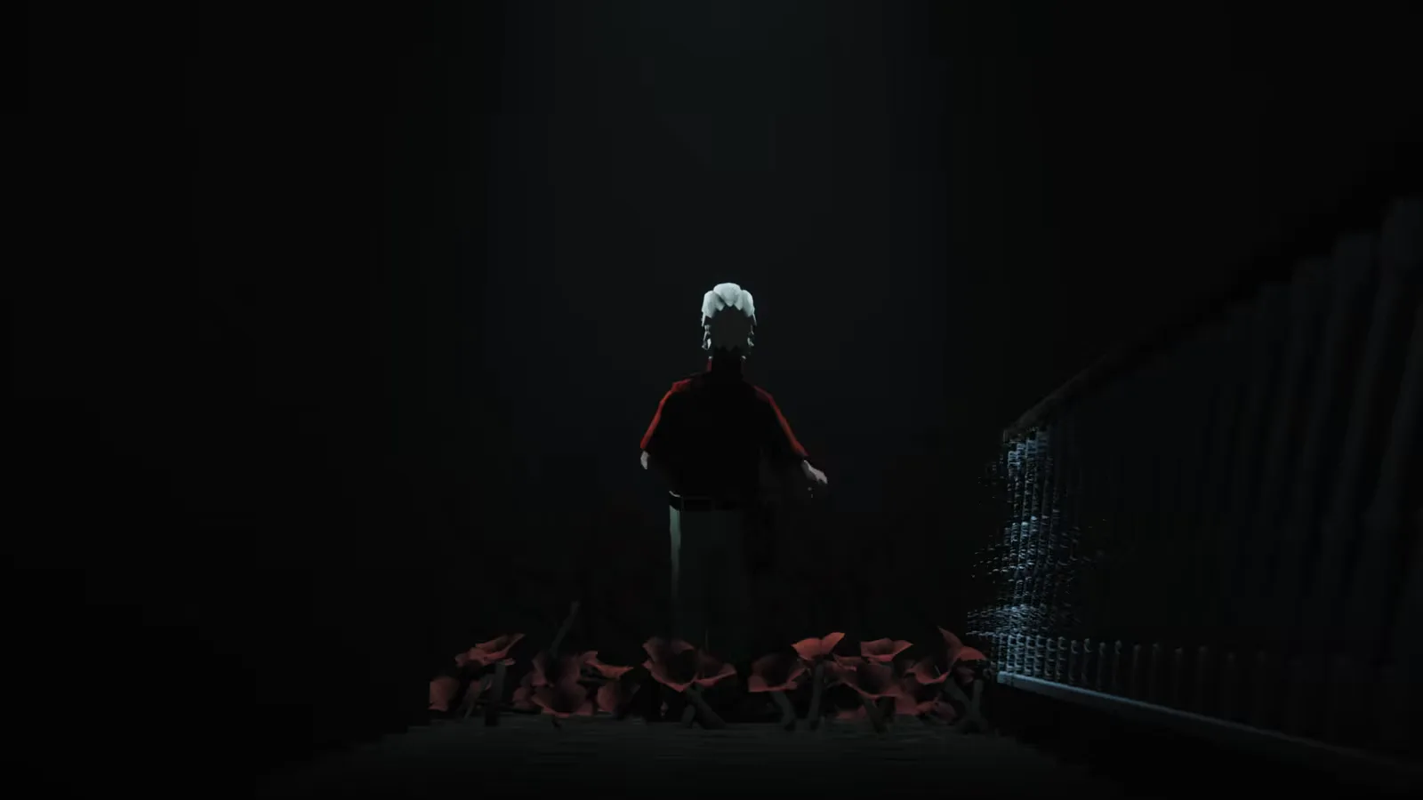 Alfred de dos dans un intérieur de souvenir pendant la séquence de cauchemar du refuge des flibustiers dans Forever Ago