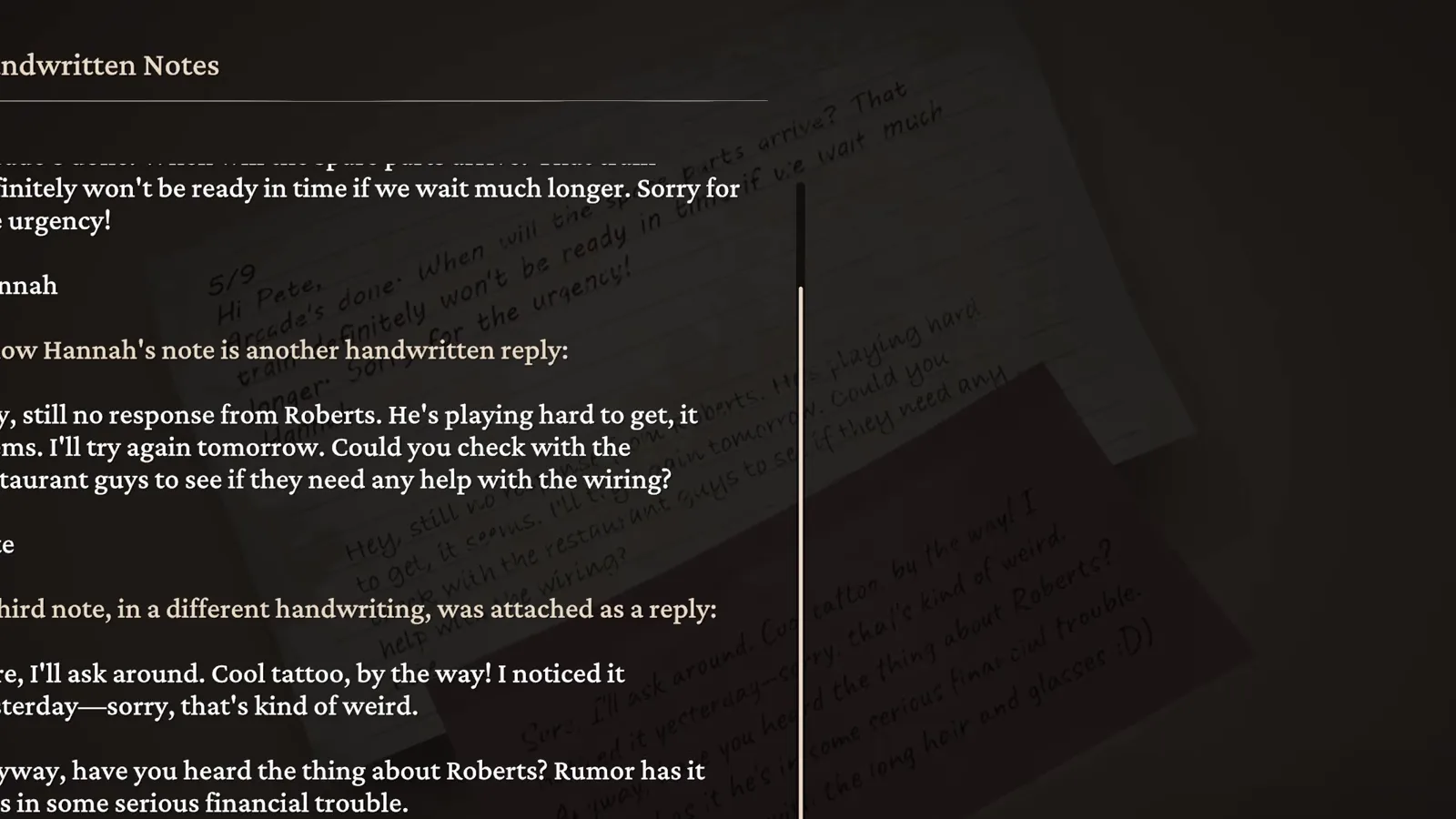 Notes manuscrites du personnel évoquant l'absence de réponse de Roberts et une rumeur de grave ennuis financiers dans Forever Ago