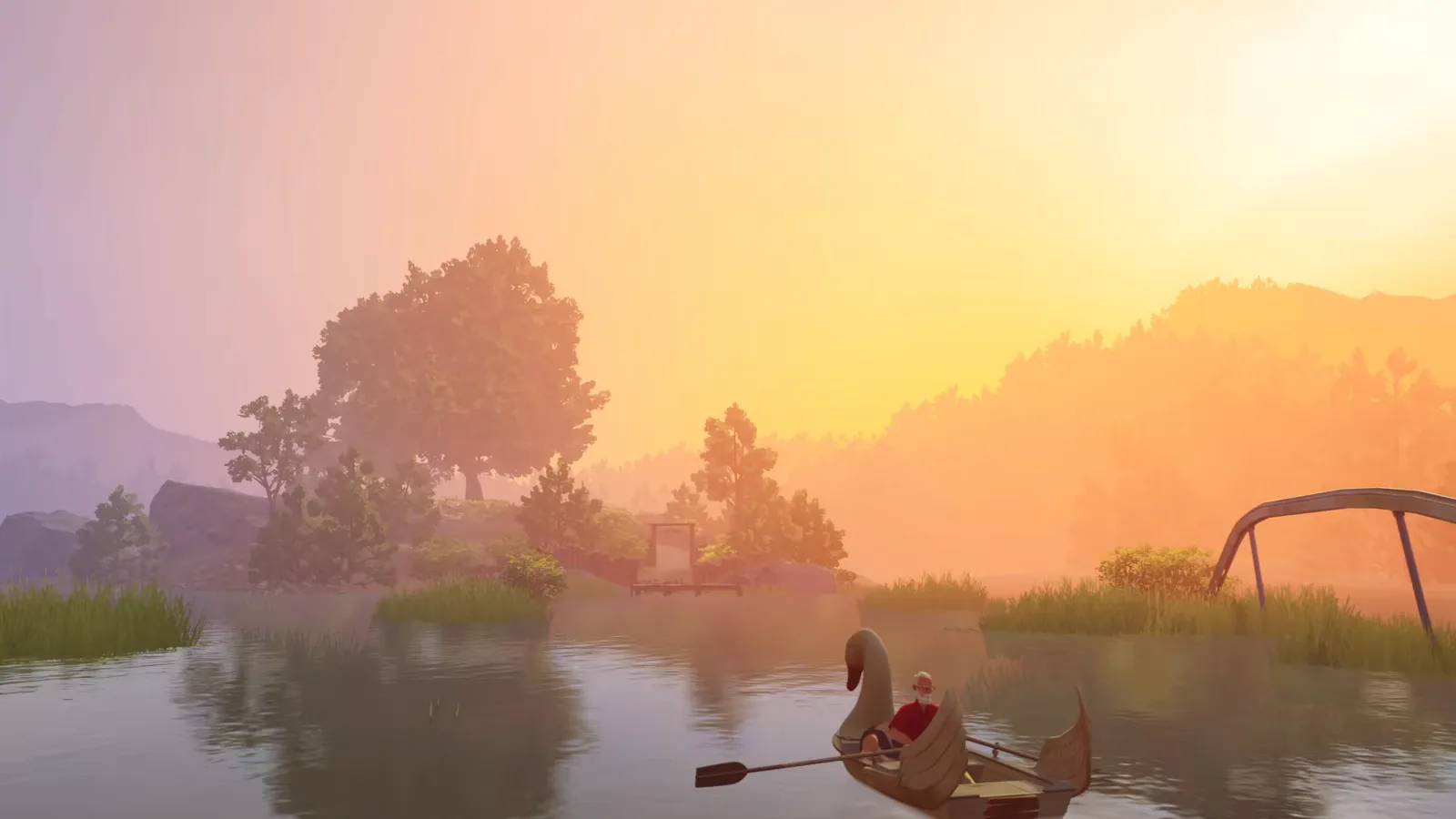 Alfred rame sur la barque-cygne vers l'île du complexe au crépuscule dans Forever Ago