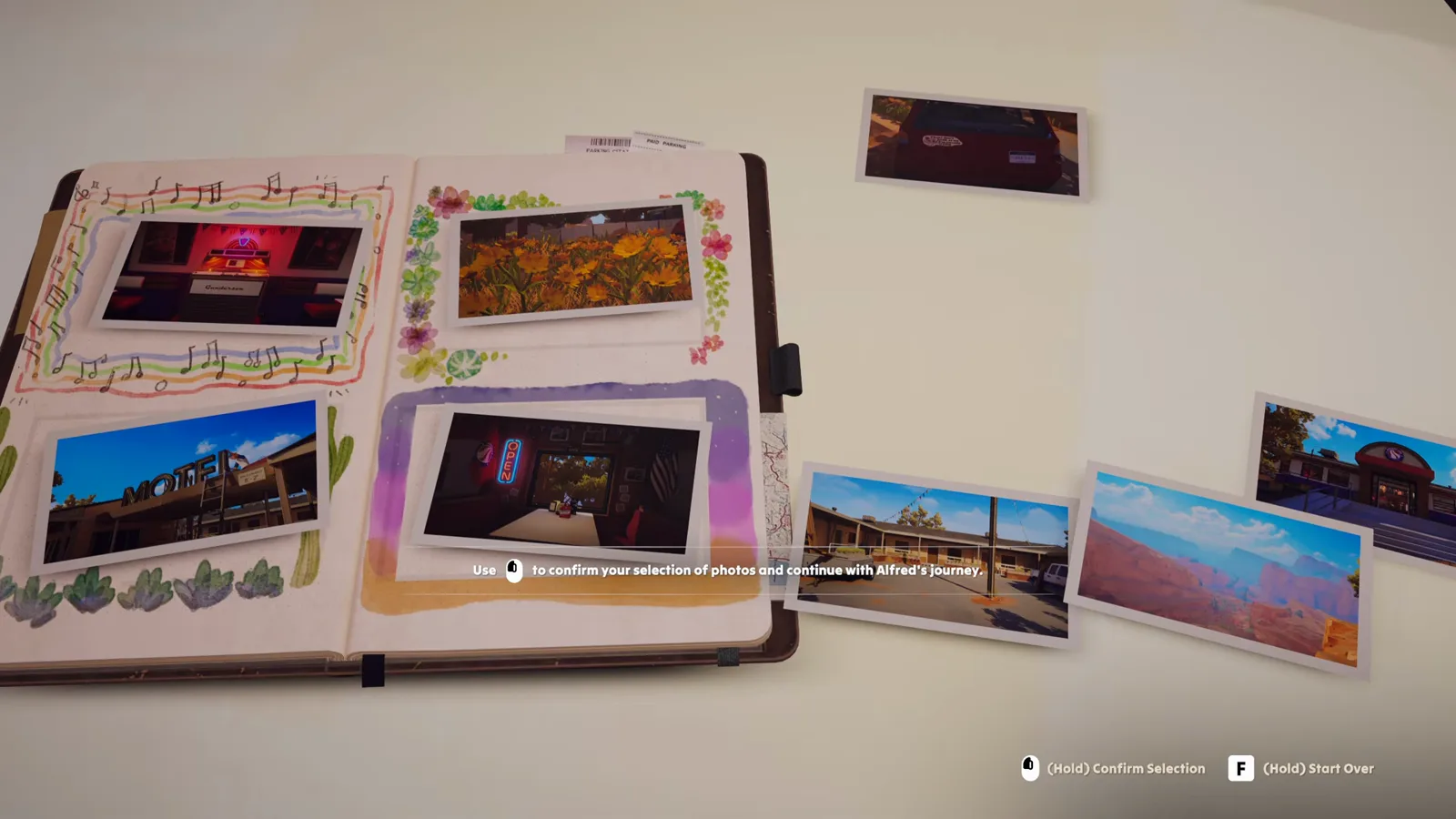 Journal album selection screen in Forever Ago showing jukebox, motel, and canyon photos ready to mount
