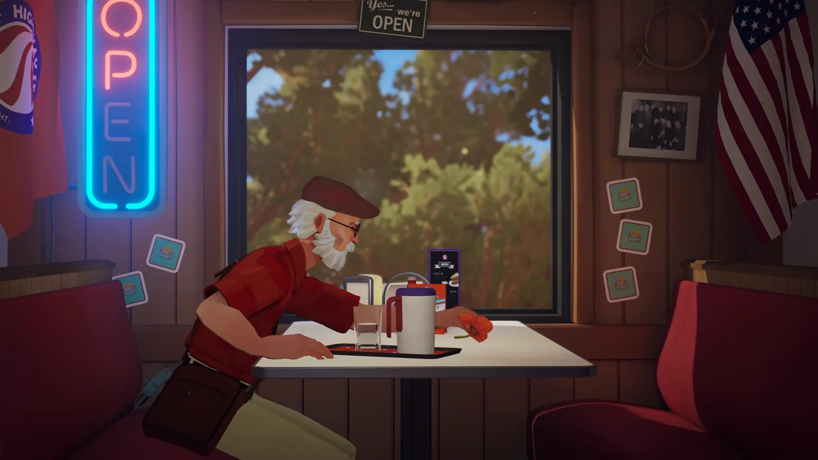 Alfred seated in the window booth of the Highway Star Diner setting the red flower on the table in Forever Ago