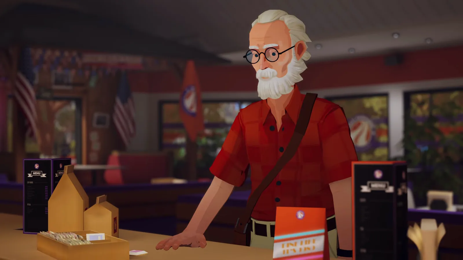 Alfred standing at the Highway Star Diner counter during the loyalty membership conversation in Forever Ago