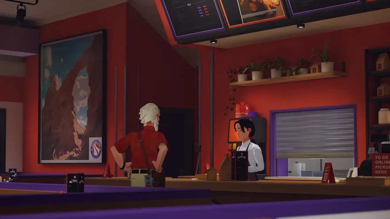 Alfred talking with waitress Maddy at the Highway Star Diner counter about the dumpster problem in Forever Ago