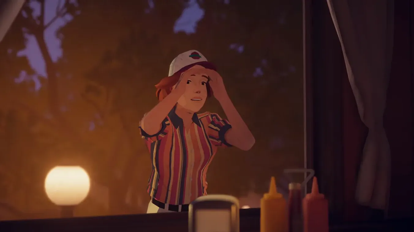 Young Audrey looking through the window of the closed Randy's diner at night in a Forever Ago memory
