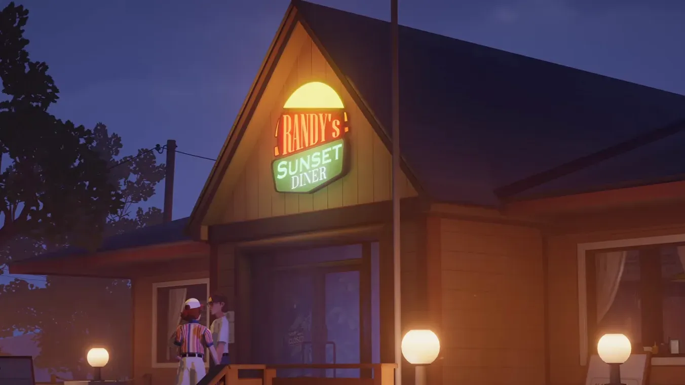 Young Alfred and Audrey walking up to the Randy's Sunset Diner neon sign at dusk in a Forever Ago memory