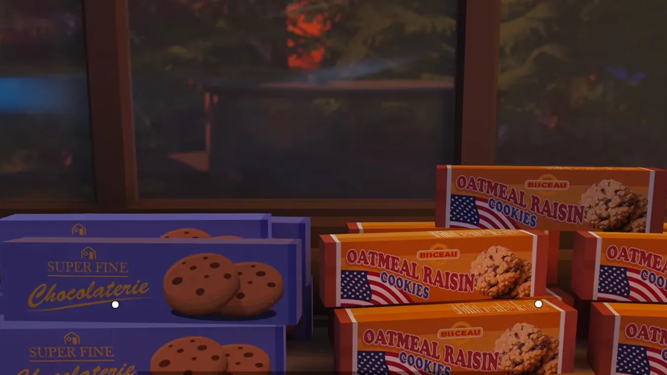 Keksregal in Karl's Pump 'N' Mart mit Super-Fine-Chocolaterie- und Bisceau-Oatmeal-Raisin-Schachteln in Forever Ago