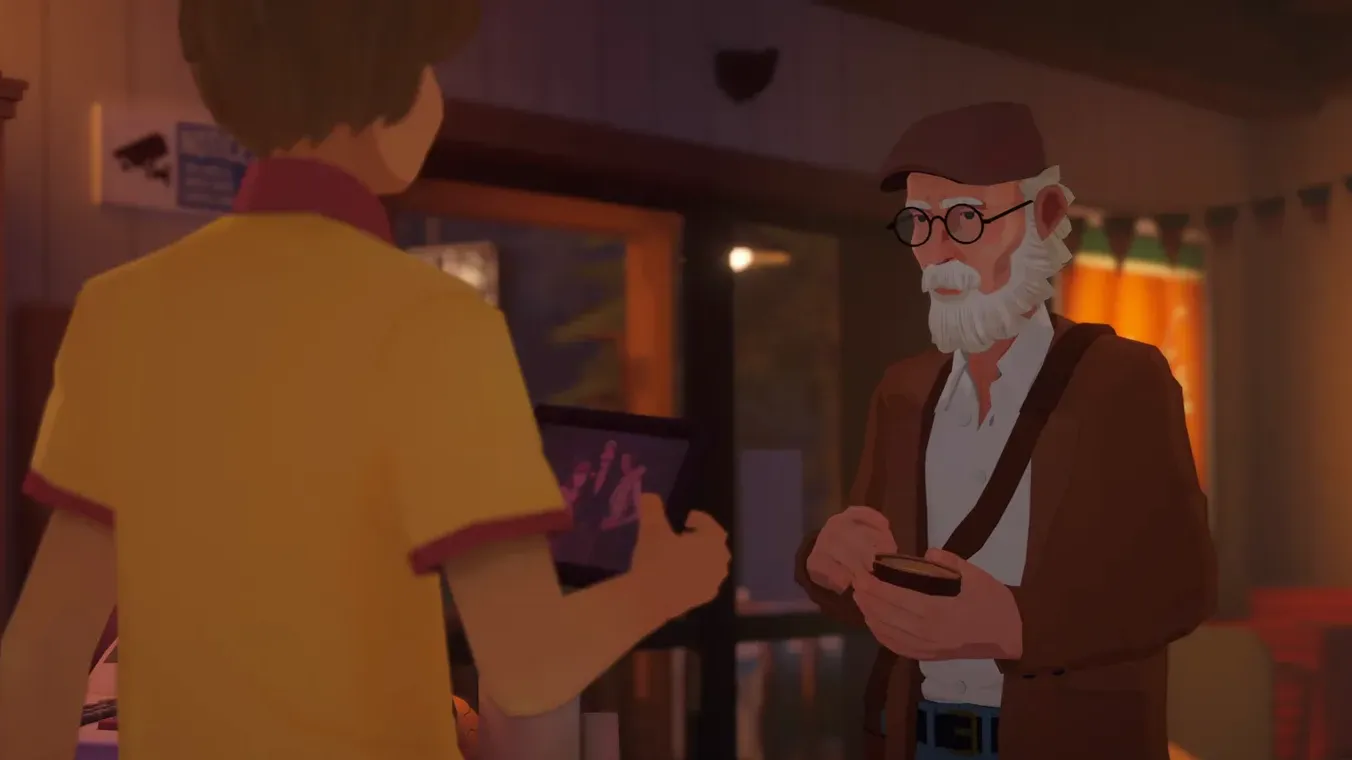 Alfred konfrontiert Milton an der Kasse wegen des alten Wandfotos im Albtraum von Karl's Pump 'N' Mart in Forever Ago