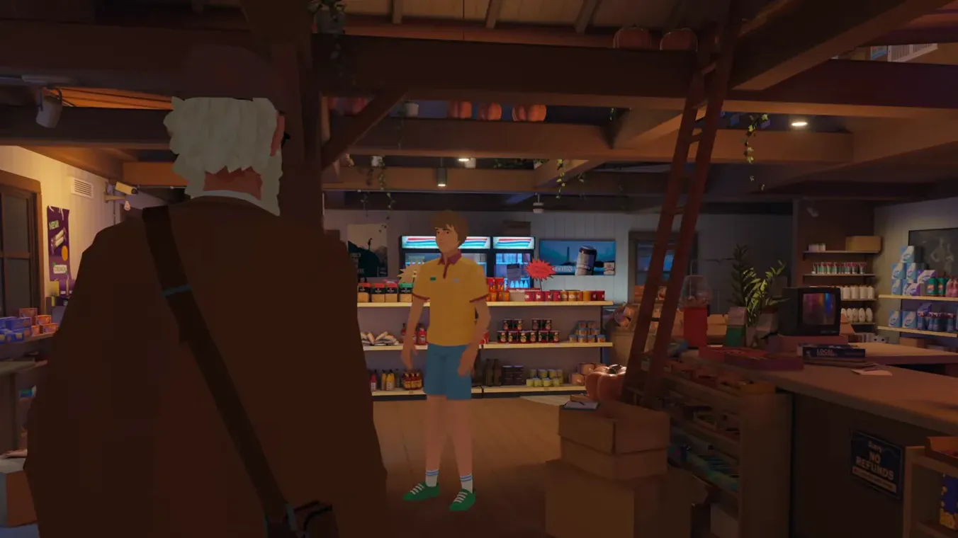 Milton im gelben Polo, der Alfred in Karl's Pump 'N' Mart begrüßt, in Forever Ago