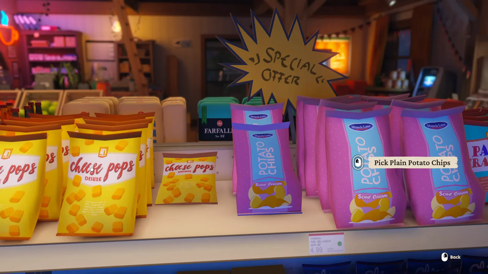 Snackregal in Karl's Pump 'N' Mart mit der Pick-Plain-Potato-Chip-Aufforderung über Cheese-Pop-Tüten in Forever Ago