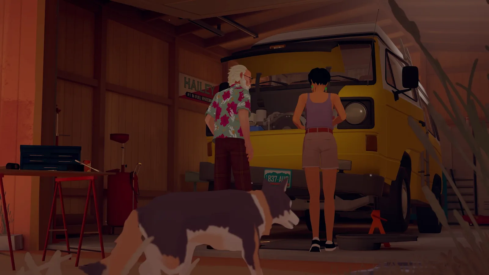 Dog by the camper window in an official Forever Ago trailer frame