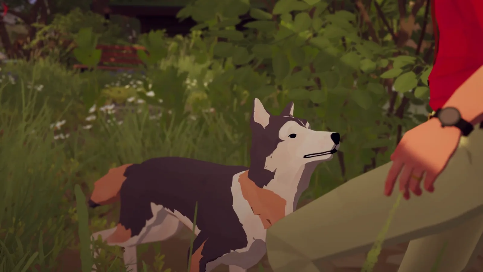 Der Hund steht in hohem grünen Bewuchs neben dem Bein eines Reisenden in einer offiziellen Trailer-Szene von Forever Ago
