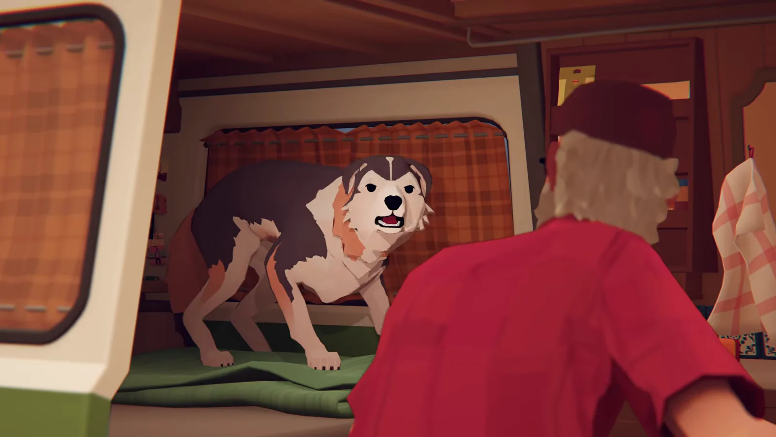 Der weiße Streunerhund steht auf einer grünen Decke im Inneren des Campers in Forever Ago