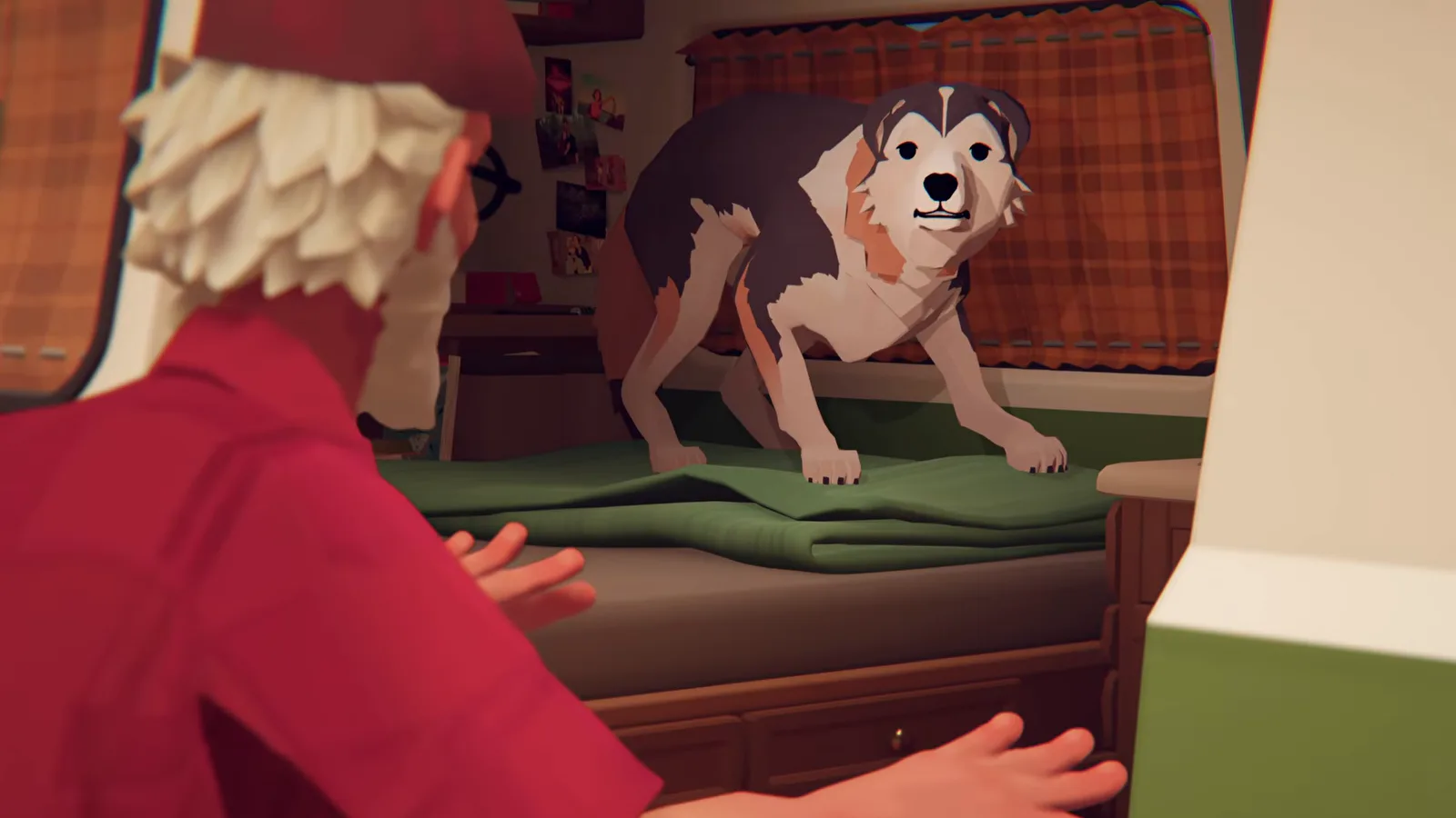 Alfred greift im Van nach dem Journal neben dem Hund auf der grünen Decke in Forever Ago