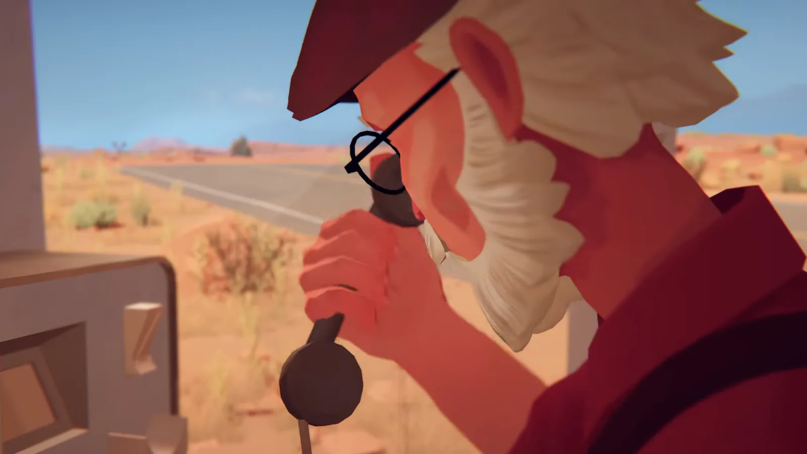 Alfred spricht in den Hörer der einsamen Wüsten-Telefonzelle in Forever Ago