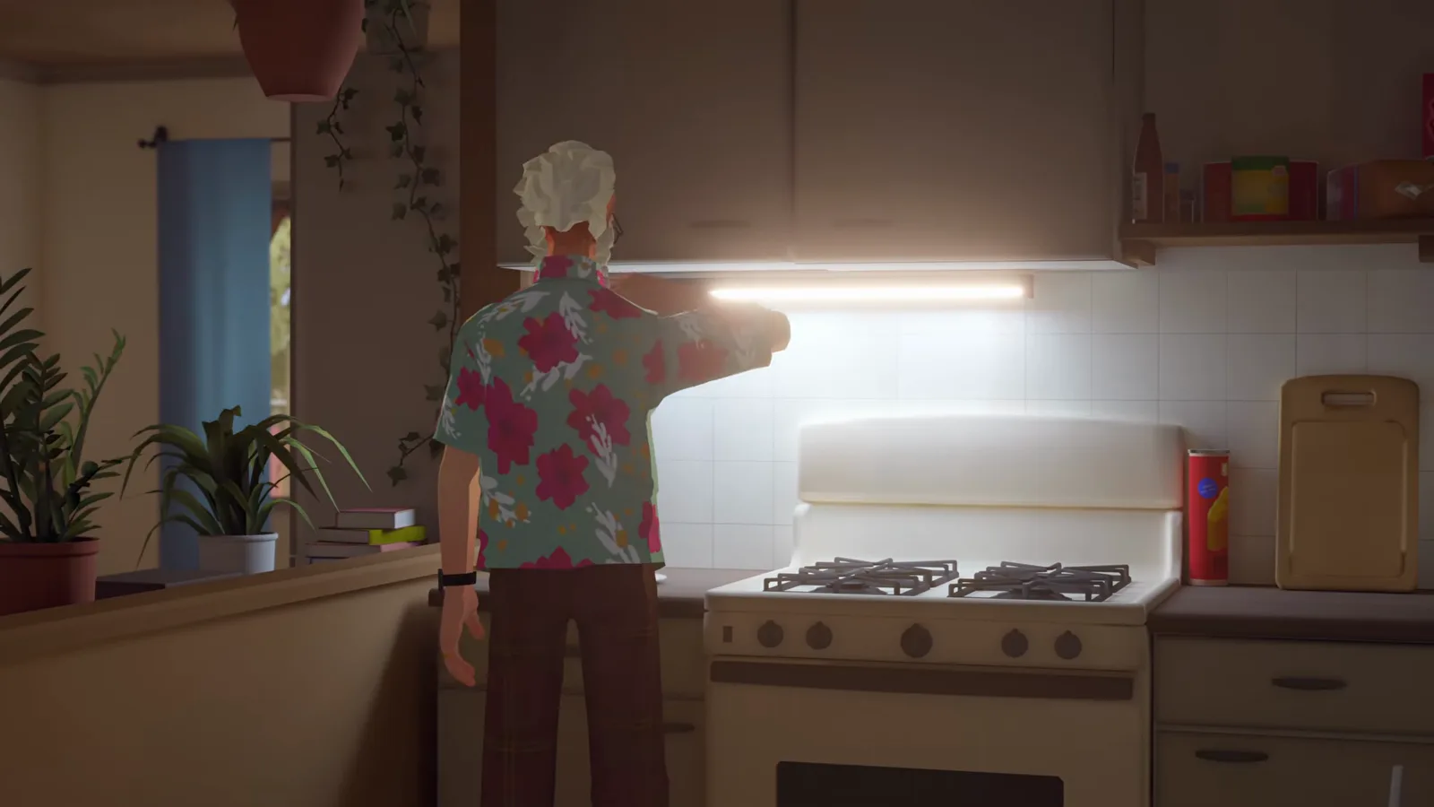 Alfred untersucht die Küchenanrichte auf Sams Hof in Forever Ago