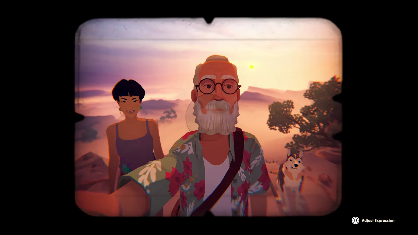 Selfie-Vignette von Alfred, Sam und dem Hund im Sofortbild-Rahmen bei Sonnenuntergang in Forever Ago