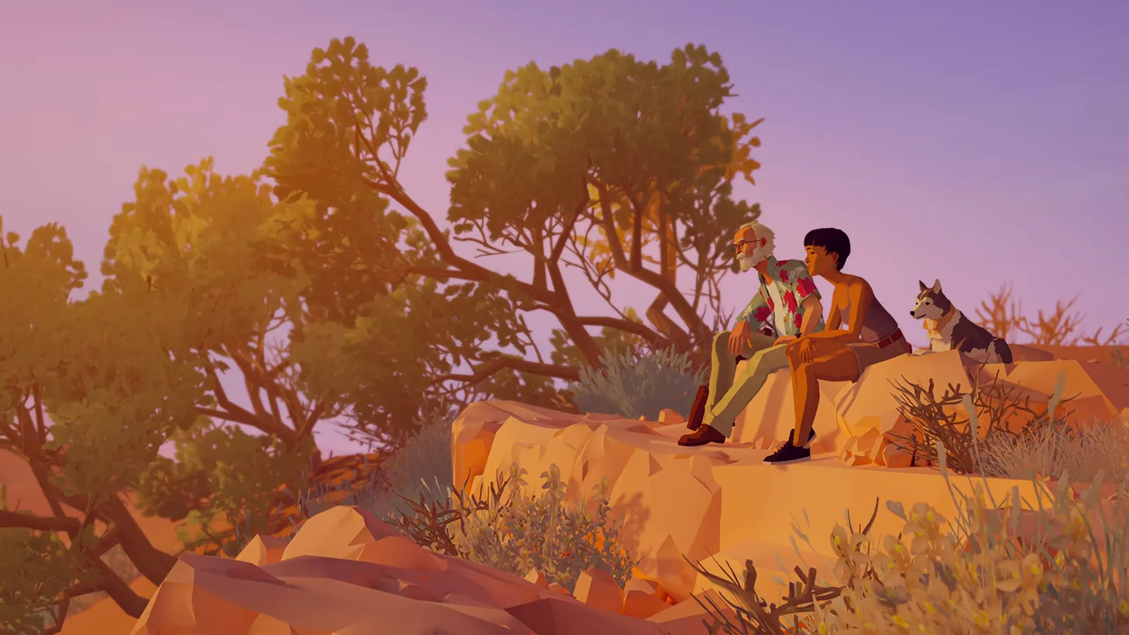 Alfred, Sam und der Hund sitzen gemeinsam bei Sonnenuntergang auf den Felsen hinter dem Hof in Forever Ago