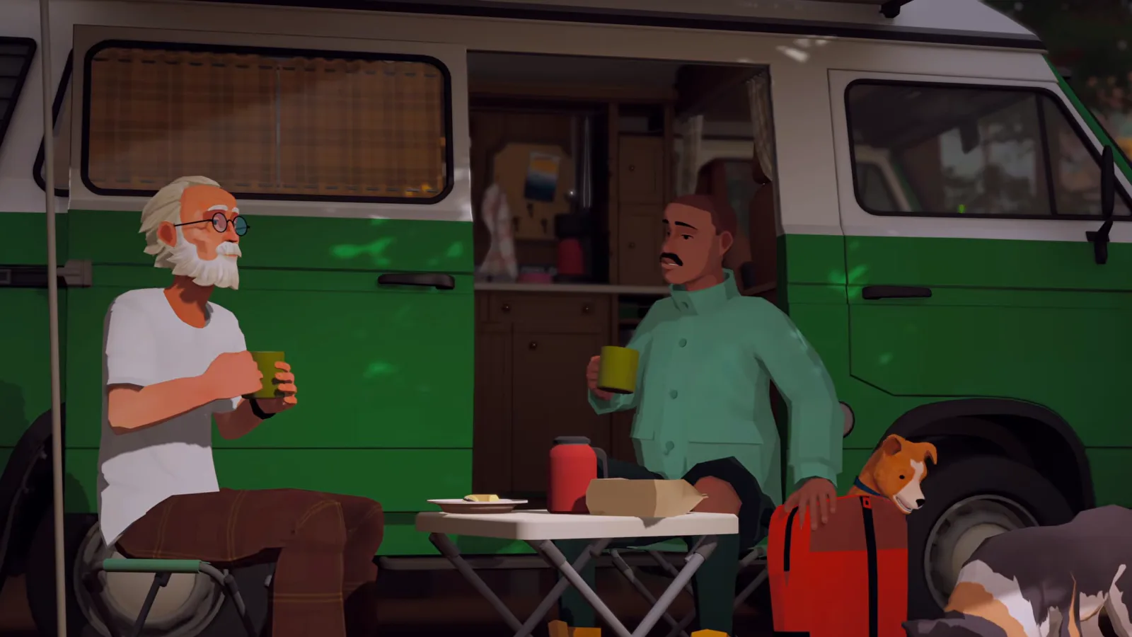 Alfred and Charles sitting at the campsite breakfast table outside the camper van with the dogs nearby in Forever Ago
