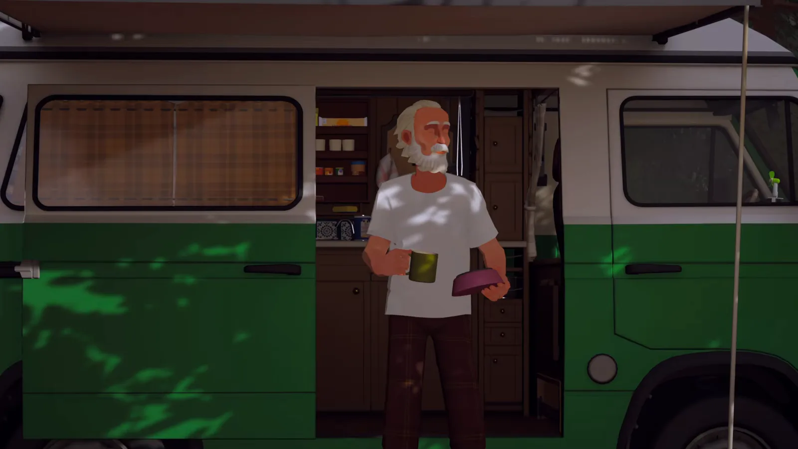 Alfred stepping out of the camper van holding his coffee mug and the dog's breakfast bowl at the campground in Forever Ago