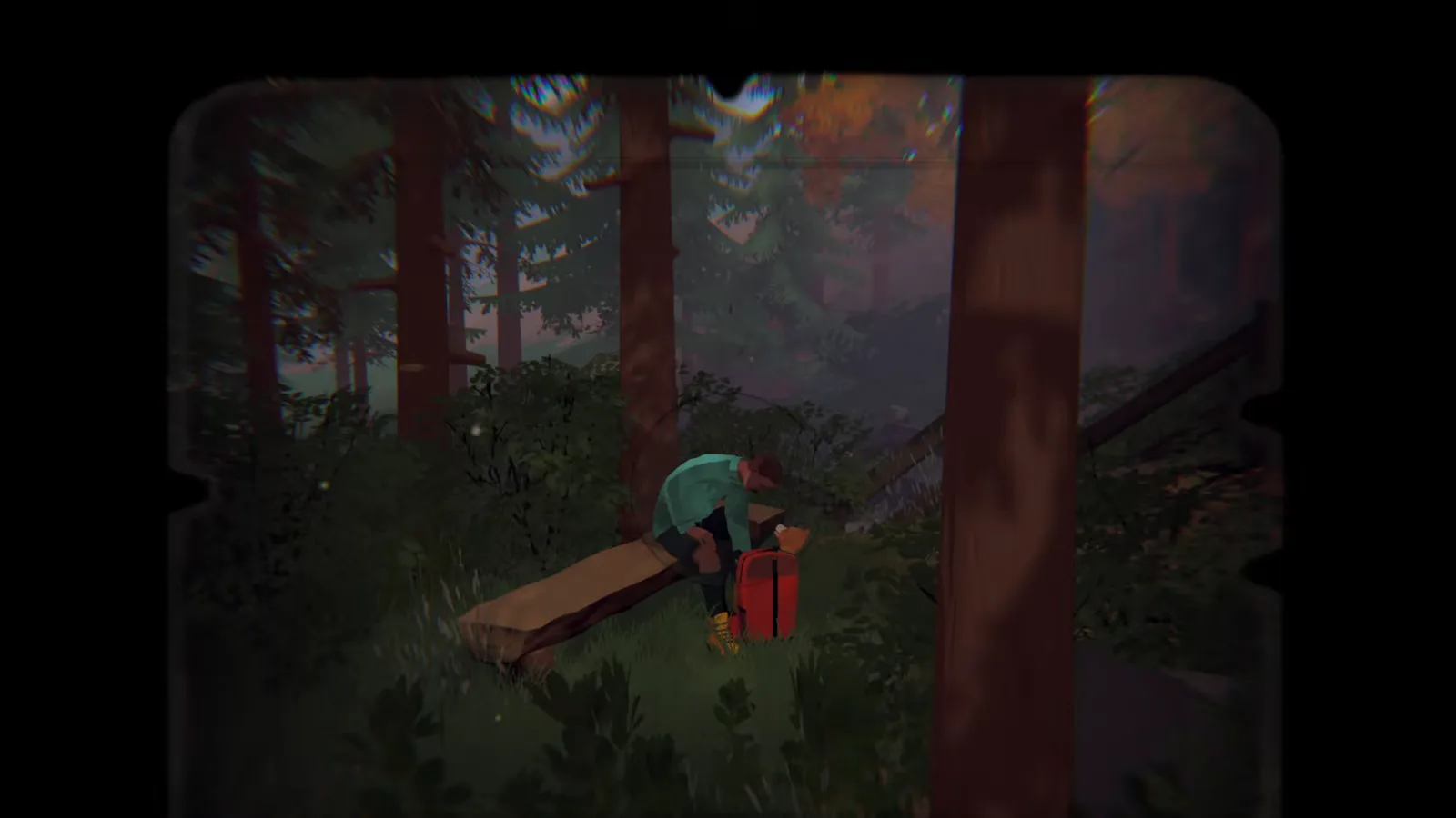 Camera viewfinder framing Charles giving Luke his medication beside a trail bench in Forever Ago