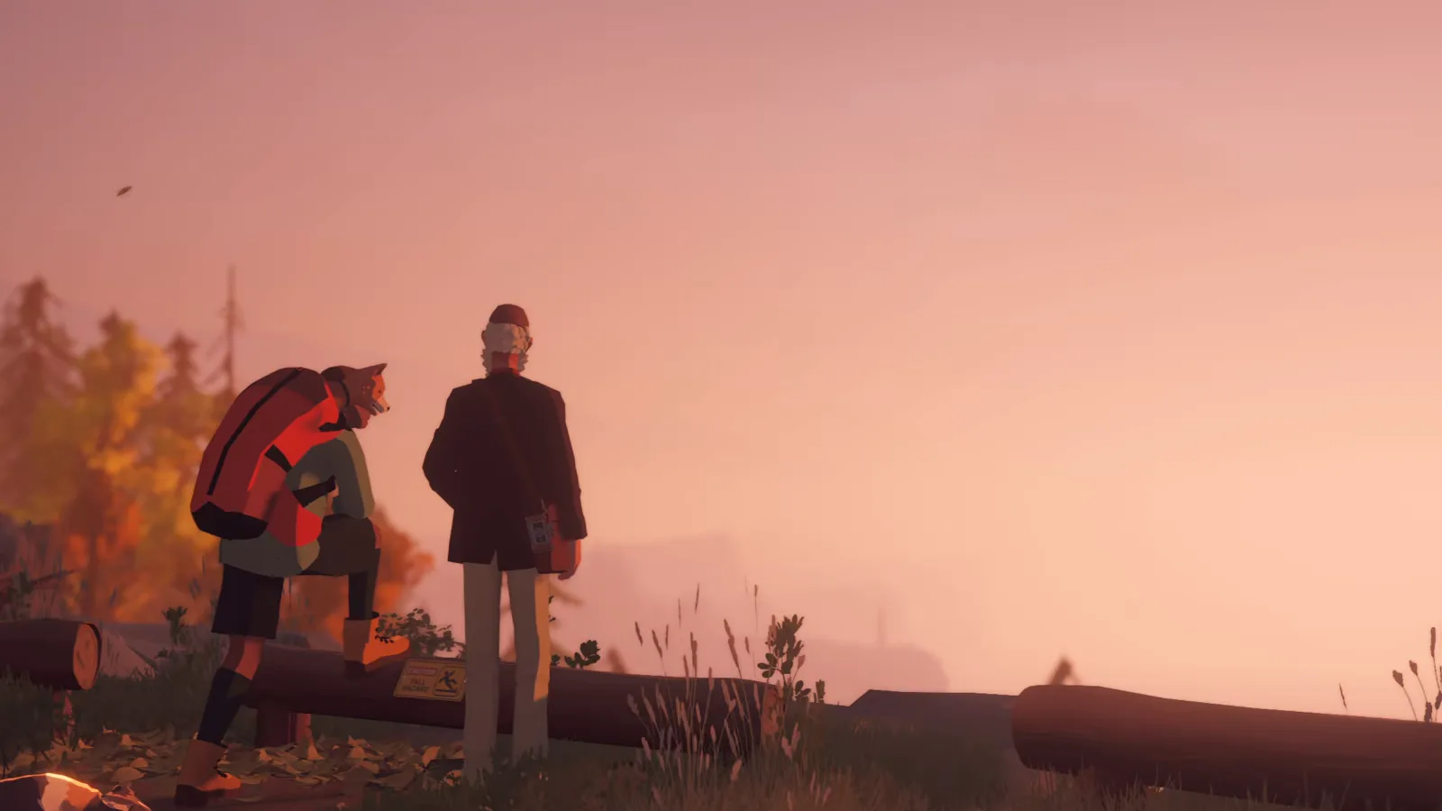 Charles and Alfred standing together at sunset on the campground ridge at the end of the Winslow Lighthouse day in Forever Ago