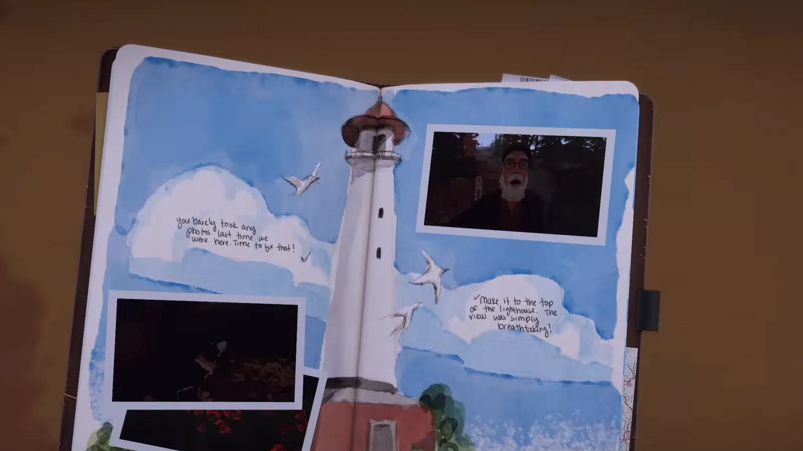 Journal spread with a watercolor of Winslow Lighthouse and Audrey's handwritten notes about reaching the top in Forever Ago
