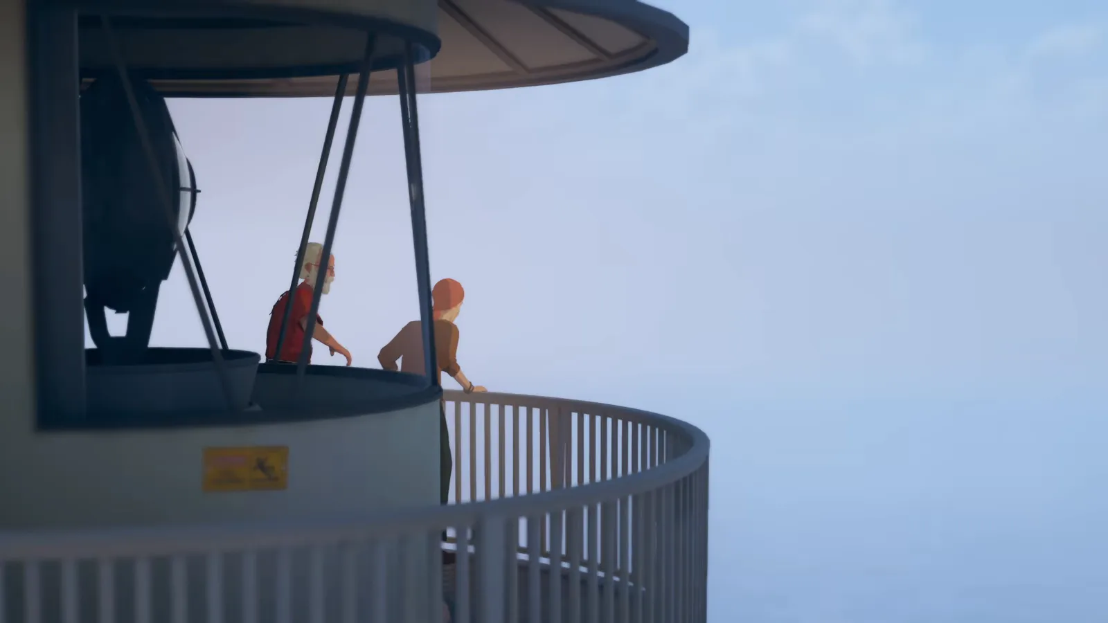 Audrey and Alfred climbing the gallery stairs of Winslow Lighthouse in a Forever Ago memory