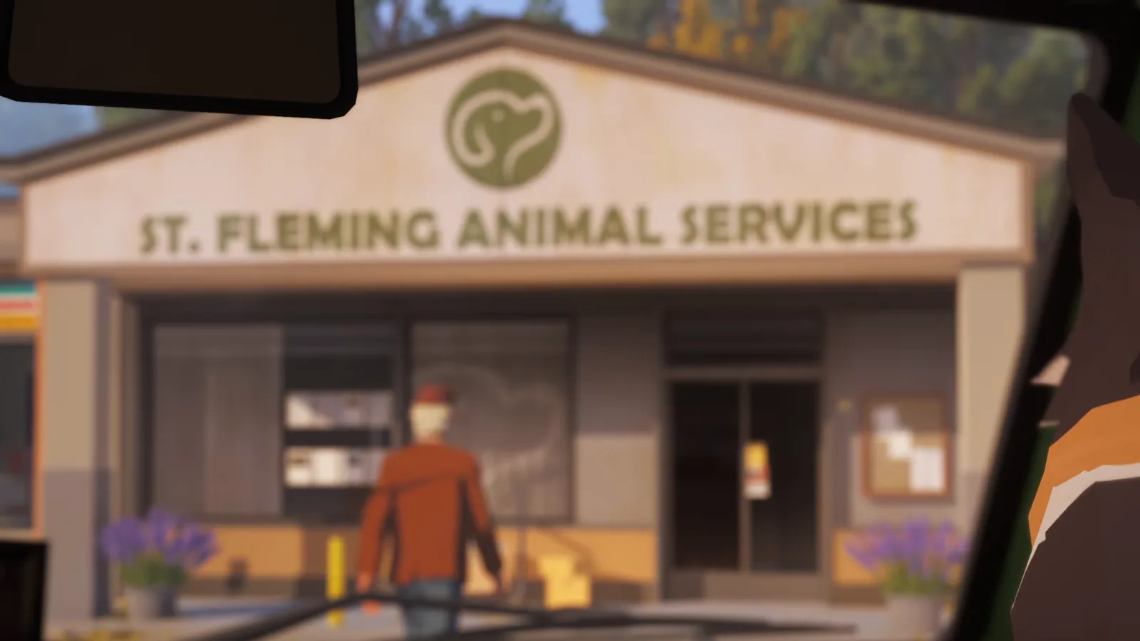 Alfred and the dog walking toward the St. Fleming Animal Services building in Forever Ago